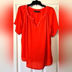 New York & Company Coral V-Neck Blouse with Studded Accents, Size XL